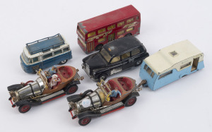 BRITISH-THEMED DIE CAST MODELS: with CORGI 'Chitty Chitty Bang Bang' (2, one missing handbrake), Commer Bus series 2500 Samuelson Camera Van (without camera) & Austin London black taxi; MATCHBOX/LESNEY 1972 'Londoner' red bus; plus DINKY four-berth carava