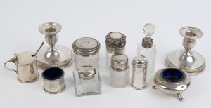 Sterling silver vanity jars, candle holders, mustard pot and assorted condiments, 19th century 20th century, (11 items), ​the candle holders 9cm high