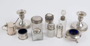Sterling silver vanity jars, candle holders, mustard pot and assorted condiments, 19th century 20th century, (11 items), the candle holders 9cm high