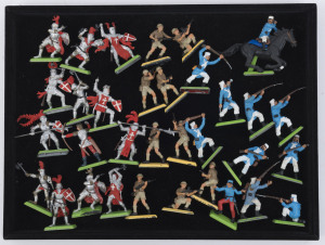 BRITAINS 'DEETAIL' SERIES - PAINTED PLASTIC FIGURES ON METAL BASES: Selection comprising French Foreign Legion (12, one on horseback), Crusader Knights (13) & WWII British Africa Corps (9); few with faults, generally good condition; c.1970s. (34)