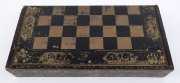 STAUNTON CHESS & DRAUGHTS SET: pieces mostly in ivory with the black draught pieces in ebony (except 3 which are stained ivory), housed in original hinged games box with a chinoiserie decoration on lacquered wood; tallest piece (King) 9cm high, board 56x5 - 2