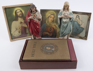 Two painted chalk ware religious statues, a Bible in box and three religious prints, 20th century, (6 items), the larger statue 32cm high