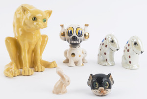 Animal figurine group with large yellow cat (likely by A.C.H.Brannam, height 16cm, c.1930s), hand-painted Soholm (Denmark) Hans Christian Andersen fairy tale dog figure, Japanese hound dog salt & pepper shakers, plus two other items. (6)