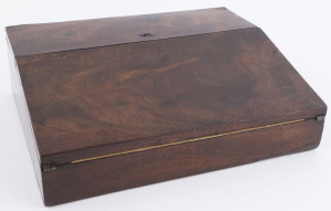 A travelling lap desk writing slope in flame mahogany case, 19th century, petite proportions, 9cm high, 30cm wide, 25cm deep