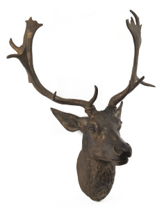 An antique cold patinated cast iron stag head shoulder mount bust, 19th century, 80cm high, 75cm wide