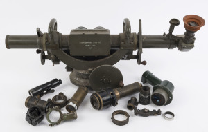 A WWII artillery sight and accessories, stamped "Telescope Identification A.A. Mk.III (Aust.), 1944", 73cm long