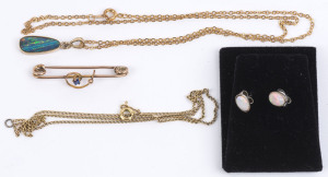 A 9ct gold and sapphire bar brooch, opal and silver earrings, opal pendant and two gold finished necklaces, (6 items).