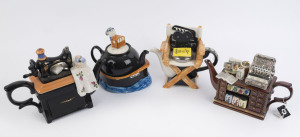 Four assorted porcelain novelty teapots one with musical movement, 20th century, the largest 34cm wide