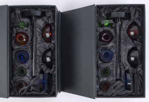 SELETTI "Morpheo Modular Candelabra" The Colour Collection, pair of Murano glass candle holders in original boxes, 24cm high