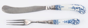 An antique knife and fork with blue and white porcelain pistol grip handles, blades marked "J.W. & Co.", 18th/19th century, ​22cm and 19cm long
