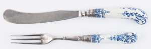 An antique knife and fork with blue and white porcelain pistol grip handles, blades marked "J.W. & Co.", 18th/19th century, 22cm and 19cm long