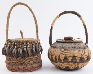 Two tribal baskets, woven cane, nuts, seeds and string, 20th century, ​31cm and 36cm high