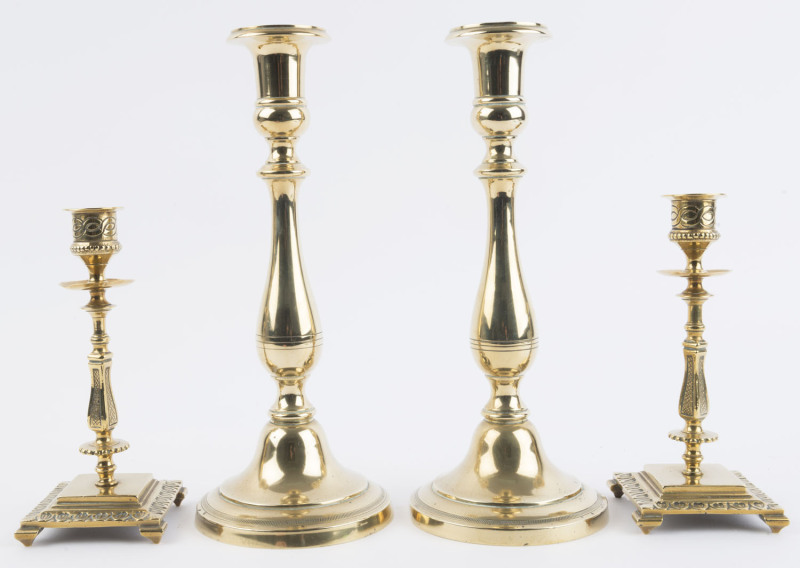 Two pairs of antique brass candlesticks, 19th century, (4 items), 30cm and 19.5cm high