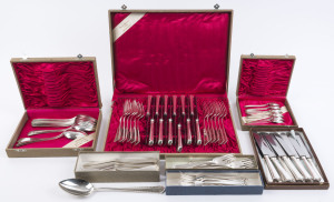 SCHRODER Austrian 800 silver cutlery set for 12 people, most with original boxes and canteen, early 20th century, comprising 12 dinner knives, 12 dinner forks, 12 entrée knives, 12 entrée forks, 12 soup spoons, 12 teaspoons, 12 dessert forks, 12 dessert knives and a serving spoon, (97 pieces). Silver weight not including dinner and entrée knives 2,715 grams