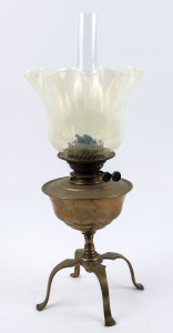 BENSON English Arts & Crafts oil lamp Model No.293/K with original Whitefriars lemon vaseline glass shade, black button double burner and chimney, factory stamp to base, late 19th century, ​56cm high overall