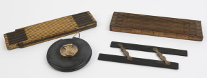 A vintage Elliott Brothers ebony & brass parallel rule, an Interlox Master-Slide ruler No.106; a Lufkin X46X slide ruler and a John Rabone & sons steel tape measure with brass winder in steel case (No.4351).