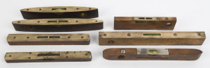 A collection of vintage brass & timber spirit levels; makers include "Mathieson & Son", "J. Rabone & Sons", "W. Marple & Sons", "Hockley & Abbey", plus 3 unnamed. (7 items).