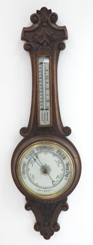 An antique English aneroid banjo barometer in oak case, 19th century, ​89cm high