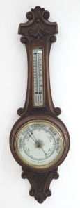 An antique English aneroid banjo barometer in oak case, 19th century, 89cm high