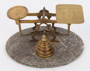 Antique brass postal scales on marble base with weights, 19th century, ​23cm wide