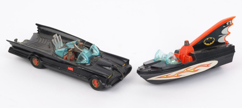 CORGI 'BATMOBILE': with red bat hubs, tow bar and driver screens intact, Batman base plate; length 14cm, c.late 1960s; also CORGI glastron 'Batboat' with trailer, length 16cm. (2 items)