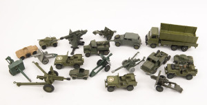 DINKY DIE CASTS - MILITARY VEHICLES & FIELD GUNS: pre-loved selection with Field Guns (8) including 88mm gun, Foden Army Truck (length 20cm), 'Battle Lines' Volkswagen KDF, US Jeeps (3); few others including Horneycroft Mighty Antar. (19 items)