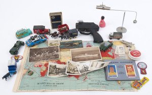 BALANCE OF A TOY CONSIGNMENT: with Japanese made Strait Line 'New Top' pistol and Disney licensed celluloid figure, also a tiny Charlie Chaplin celluloid head & shoulders figurine; die casts with Lledo (UK) promotional trucks/carriages (4), others from Co