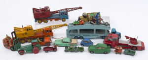 DINKY DIE CASTS: pre-loved group with Pullmore '982' Car Transporter (length 25cm), 20 ton lorry mounted cranes (2, different paint combinations), 'Coventry Climax' fork-lift truck, Bedford Refuse Wagon, Turntable Fire Escape (damaged), plus range of smal