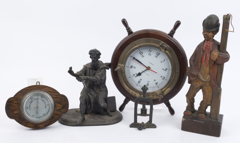 A German whistling automaton happy drunk figure, early 20th century, an English oak cased aneroid wall barometer, a ships wheel clock, and patinated spelter figure of a seated Renaissance scholar, (4 items). the largest 36cm high.