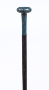 An antique Chinese walking stick with fine turquoise cloisonne handle on a palm wood shaft, (brass ferrule missing), 19th century. 78cm long.