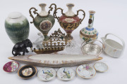 Porcelain dishes, Lladro goose statue, ceramic decanters, two Menorahs, pottery lidded vase, elephant ornament, silver plated basket and crystal basket, English porcelain jug and American ceramic ash tray, 20th century, (18 items), the ash tray 54cm wide
