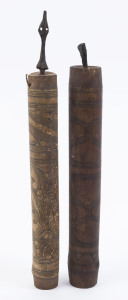 Two early bamboo lime containers with incised decoration, together with two carved wooden spatulas, Sawos, Sepik River, Papua New Guinea, circa 1950, (4 items), the larger 37cm high