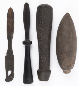 Two wooden lime spatulas, carved wooden mortar and a gourd container, Massim region, Papua New Guinea, early to mid 20th century, ​(4 items), the largest 19cm long