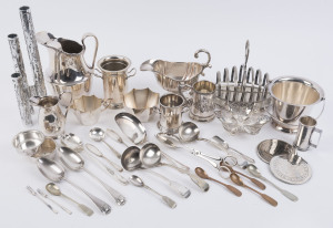 Assorted silver plated cutlery, serving utensils, toast rack, jugs, ice bucket, Christening mug etc, 19th and 20th century, (37 items), the largest 30cm high
