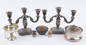 A pair of silver plated candelabra, Austrian and German Art Deco table ware and condiments, early to mid 20th century, (7 items), the candelabra 20cm high, 27cm wide