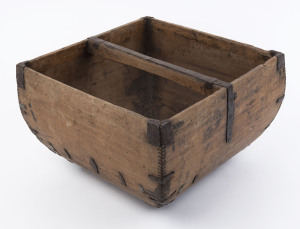 An antique Chinese rice carrier, timber with iron strapping, 19th/20th century, 24cm high, 38cm wide
