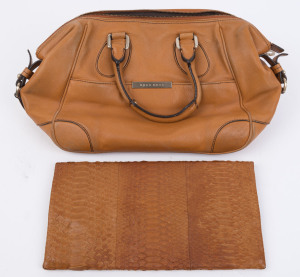 HUGO BOSS tan leather vintage handbag; together with a snakeskin satchel, (2 items), the satchel 28 x 33cm