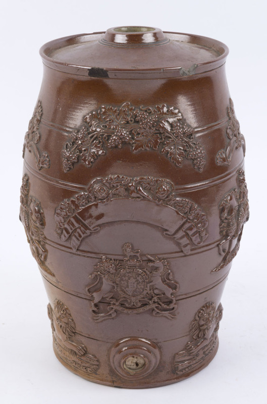 An antique English pottery pate sur pate cordial keg, 19th century, 37cm high