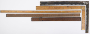 Two set squares together with three vintage and antique rulers, 19th and 20th century (5 items), the largest 100cm long