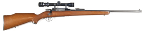 MAUSER 96 CONVERSION TO SPORTING RIFLE: 6.5 x 55 Cal; 5 shot mag; 23.5" barrel; g. bore; standard military sights plus a Tasco 2-7 X 32 scope with good optics; retaining 85% original blue finish to barrel, receiver & t/guard; cheek piece to vg chequered p