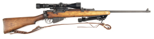 LITHGOW S.M.L.E. B/A RIFLE converted to a half stocked SPORTING RIFLE: 303 Cal; 10 shot mag; 25.2" barrel; g. bore; standard sights plus a Bisley Deluxe 3x - 9 x 40 scope with g. optics; forend fitted with a fold up bi-pod; grey finish to barrel & receive