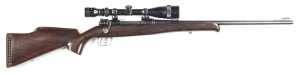 CHURCHILL M96 B/A CUSTOM SPORTING RIFLE: 243 Win; 5 shot mag; 21.5" barrel; vg bore; ramp front sight, part rear sight removed & fitted with a Tasco 4-12 x 40 scope with good optics; inscribed L.G. CUSTOM RIFLES to magazine plate floor; vg blue finish to 