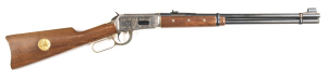 WINCHESTER COMEMMORATIVE COMANCHE L/A CARBINE: 30-30 Cal; 6 shot; 20" barrel; exc bore; standard sights, faded gold finish to action & lever; a Bison & Indian Chief engraved to action; gold coloured studs to forend; g. stock with minor mark; no box; gwo &