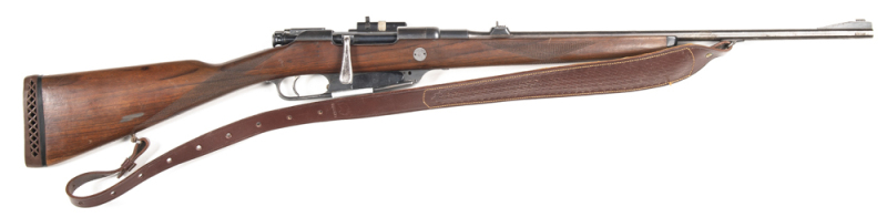 MAUSER MOD.1888 B/A SPORTING RIFLE: 8x57; s/shot mag; 24.5" barrel; g. bore; standard sights plus fitted with a Pachmayr sight to lhs of receiver; fitted with a turned down spoon shaped bolt handle; grey finish to all metal; g. stock with chequered wrist