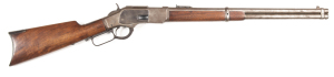 WINCHESTER MOD.1873 SADDLE RING CARBINE: 44 WCF; 12 shot mag; 20" round barrel; poor bore; standard sights, 2 line NEWHAVEN address & saddle ring; slight wear to address, no visible Winchester SN; brown patina to all metal; incorrect stock & badly fitted;