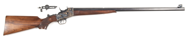 PEDERSOLI ROLLING BLOCK TARGET RIFLE: 45-70 Govt Cal; s/shot; 30" octagonal barrel; adjustable rear Creedmoor sight & tunnel foresight & additional fore sight elements; missing rear barrel sight; flame blued action; exc walnut with chequered wrist; gwo &