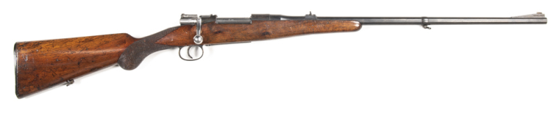 SWEDISH HUSVARNA MODEL 1896 MILITARY CONVERSION TO HALF STOCKED SPORTING RIFLE: 9.3 x 62 Cal; 5 shot mag; 24" barrel; g. bore; ramp front sight, one standing rear sight; g. profiles; clear barrel address & Cal markings; thinning blacked finish to barrel,