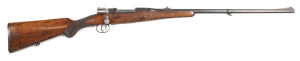 SWEDISH HUSVARNA MODEL 1896 MILITARY CONVERSION TO HALF STOCKED SPORTING RIFLE: 9.3 x 62 Cal; 5 shot mag; 24" barrel; g. bore; ramp front sight, one standing rear sight; g. profiles; clear barrel address & Cal markings; thinning blacked finish to barrel, 