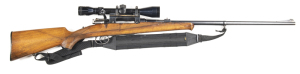 SWEDISH HUSQVARNA M.1896 MILITARY CONVERSION TO A HALF STOCKED SPORTING RIFLE: 6.5 x 55 Cal; 5 shot mag; 24" barrel; g. bore; ramp front sight & one standing rear sight; fitted with a Tasco 3-9 x 40 scope with g. optics; g. profiles & clear barrel address