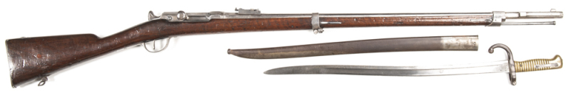 FRENCH CHASSEPOT MODEL 1866 B/ACTION SERVICE RIFLE: 11mm; s/shot; 32.5" barrel; vg bore; standard sights, bayonet stud & fittings; BELGIUM CONTRACT marking to the breech; issue date of 1868 to rhs of breech; vg profiles & clear markings; barrel, receiver